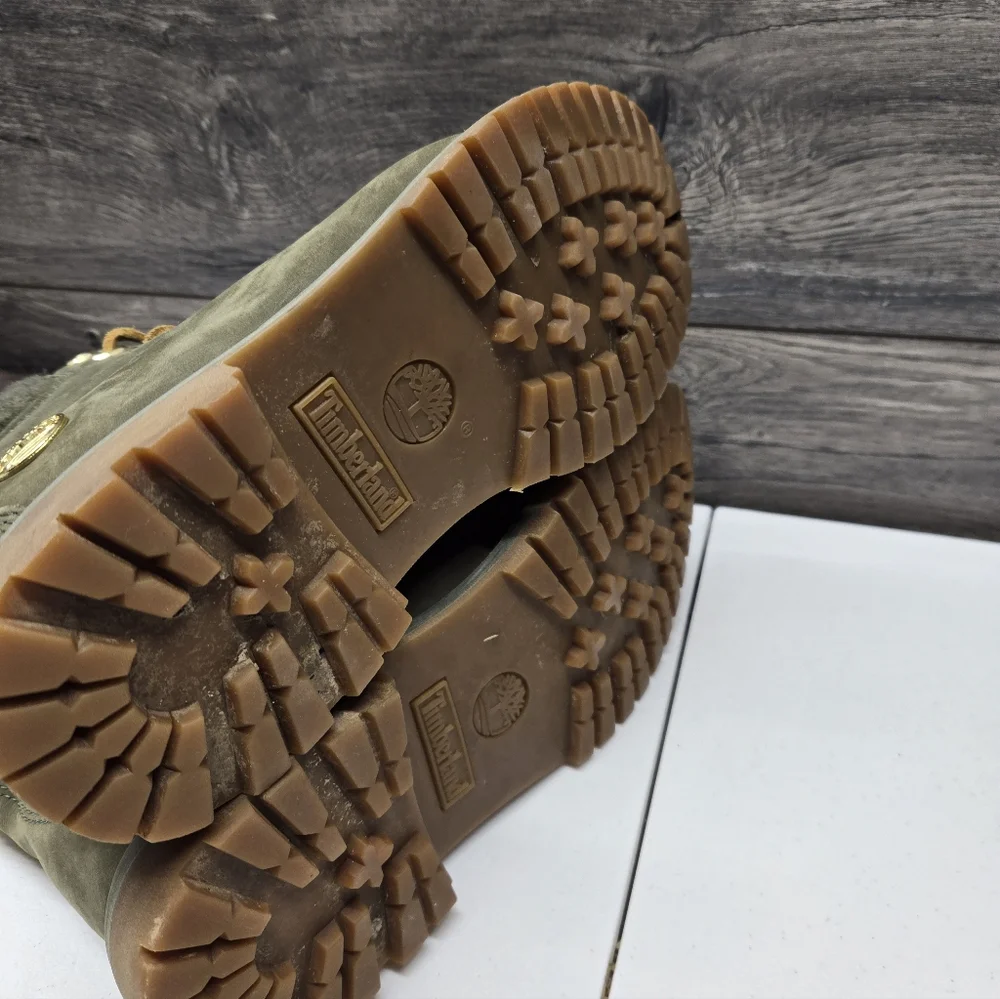 Timberland 6 Inch Premium Dark Green Gold Accents Boots Women's Sz 8 Winter Snow